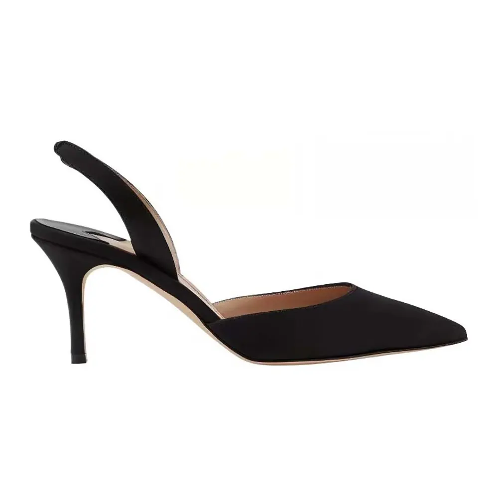 Side angle of Manolo Blahnik Women Carolyne 70 Black Suede Slingback Pumps