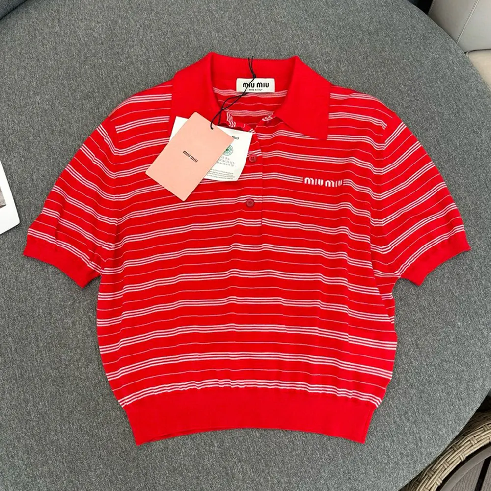 Close-up of ribbed collar detail on Miu Miu cotton knit polo shirt