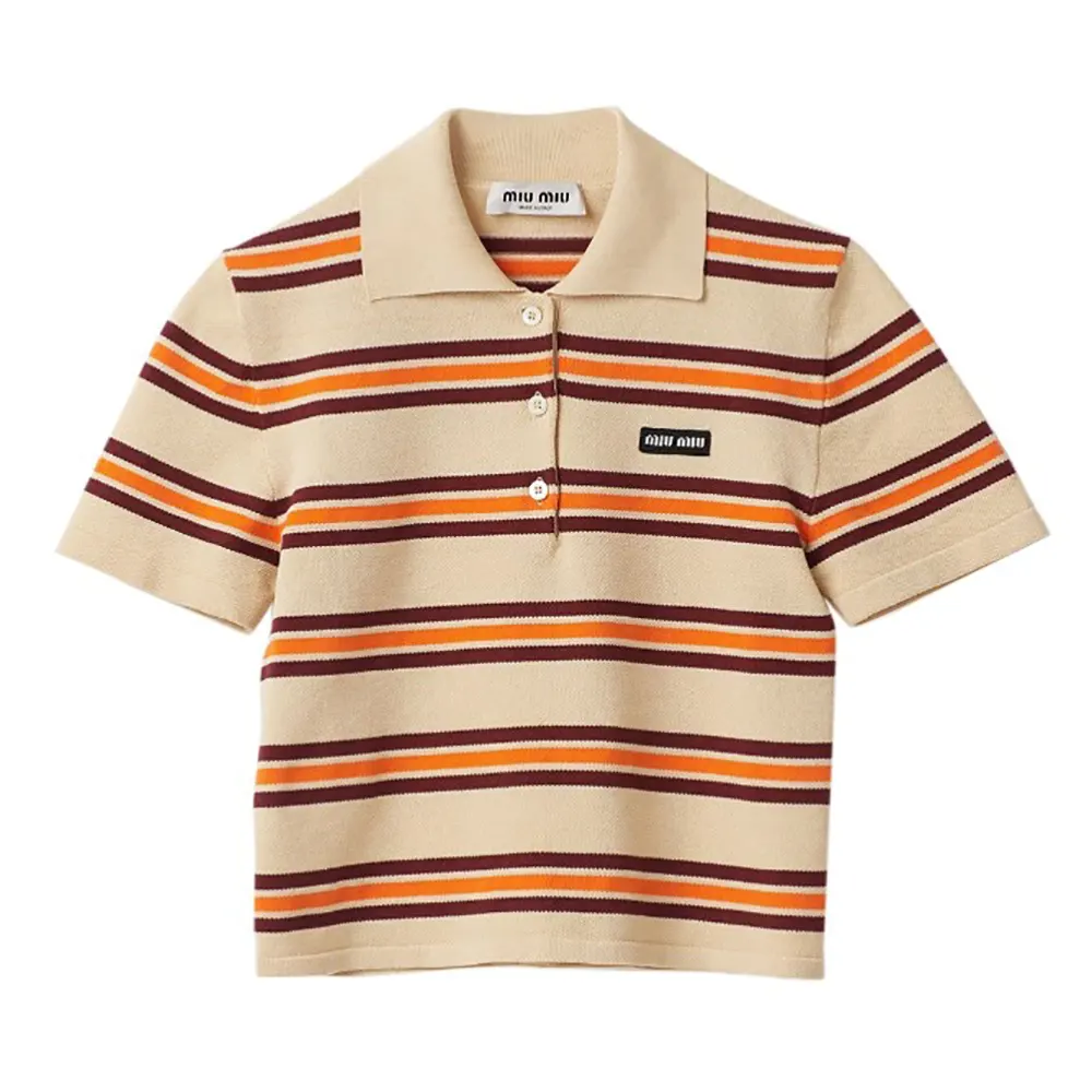Front view of Miu Miu Women Cotton Striped Knit Polo Shirt in orange