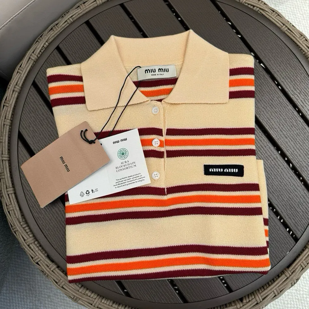 Miu Miu Women Cotton Striped Knit Polo Shirt - image 6