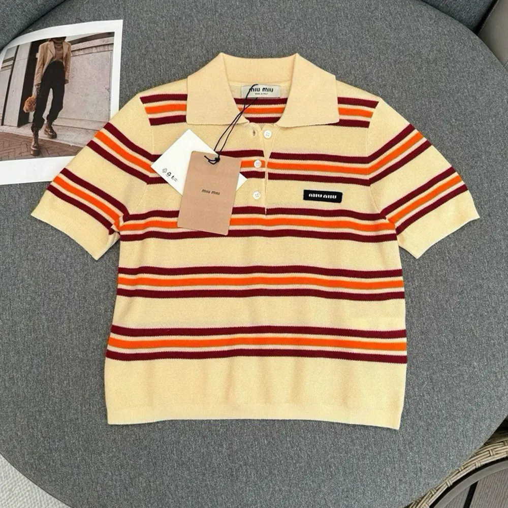 Miu Miu Women Cotton Striped Knit Polo Shirt - image 4