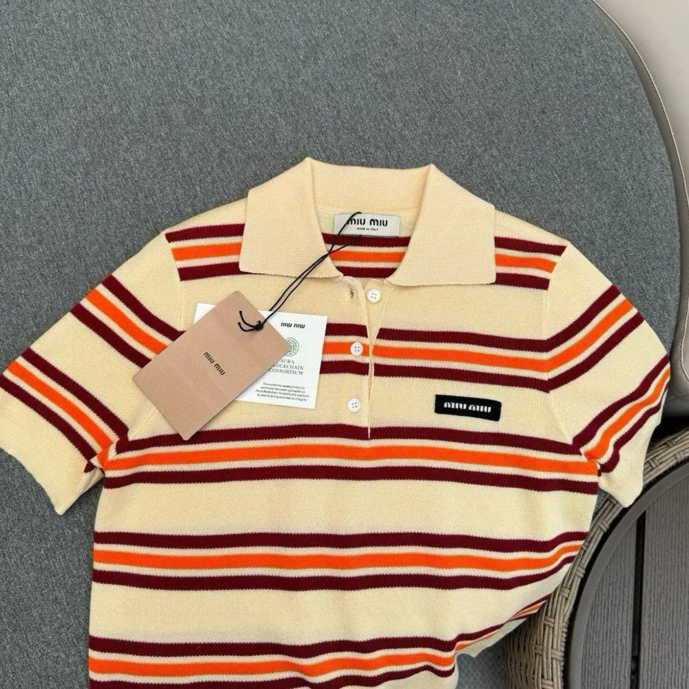 Miu Miu Women Cotton Striped Knit Polo Shirt - image 7