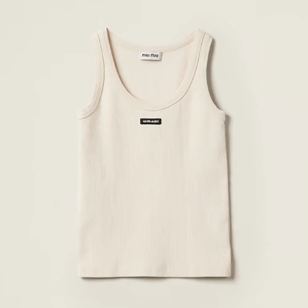 Front view of Miu Miu Women Garment-dyed Ribbed Knit Jersey Top in white