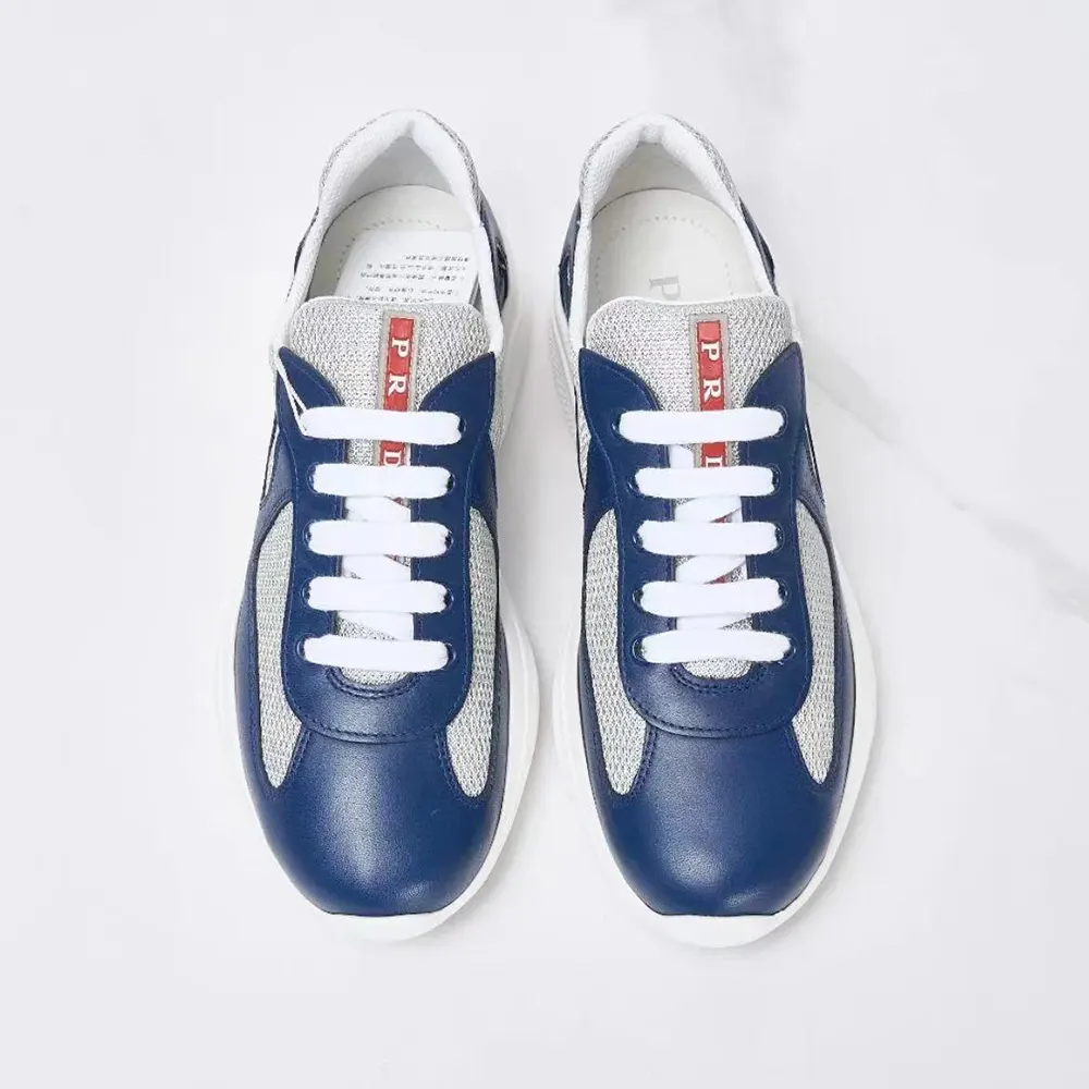 Close-up of blue bike fabric and rubber sole on Prada America’s Cup sneakers