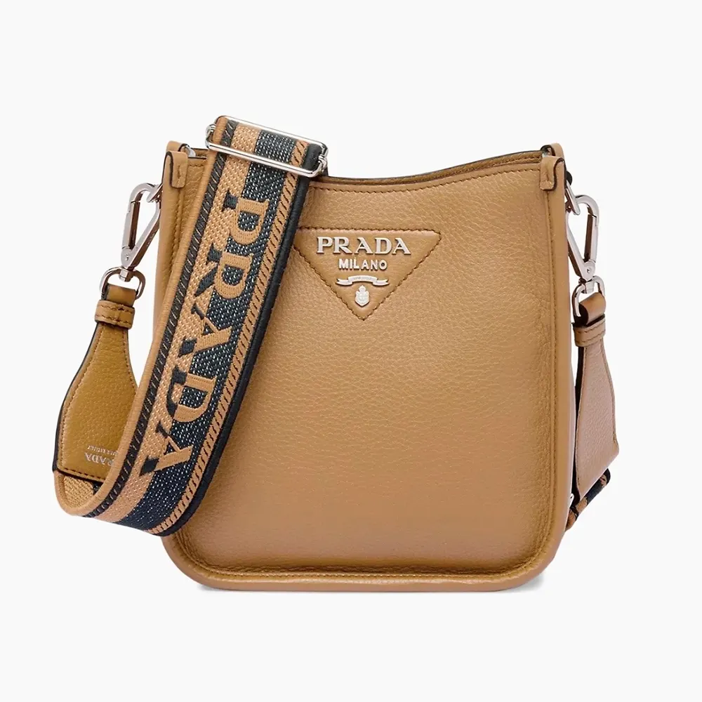 Front view of Prada Unisex Leather Mini Shoulder Bag in brown leather