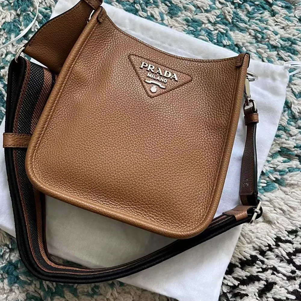 Close-up of silver-tone hardware on Prada Unisex Leather Mini Shoulder Bag