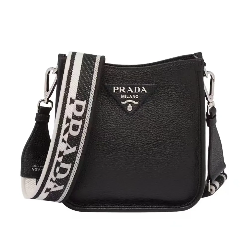 Front view of Prada Unisex Leather Mini Shoulder Bag-Black showing flap