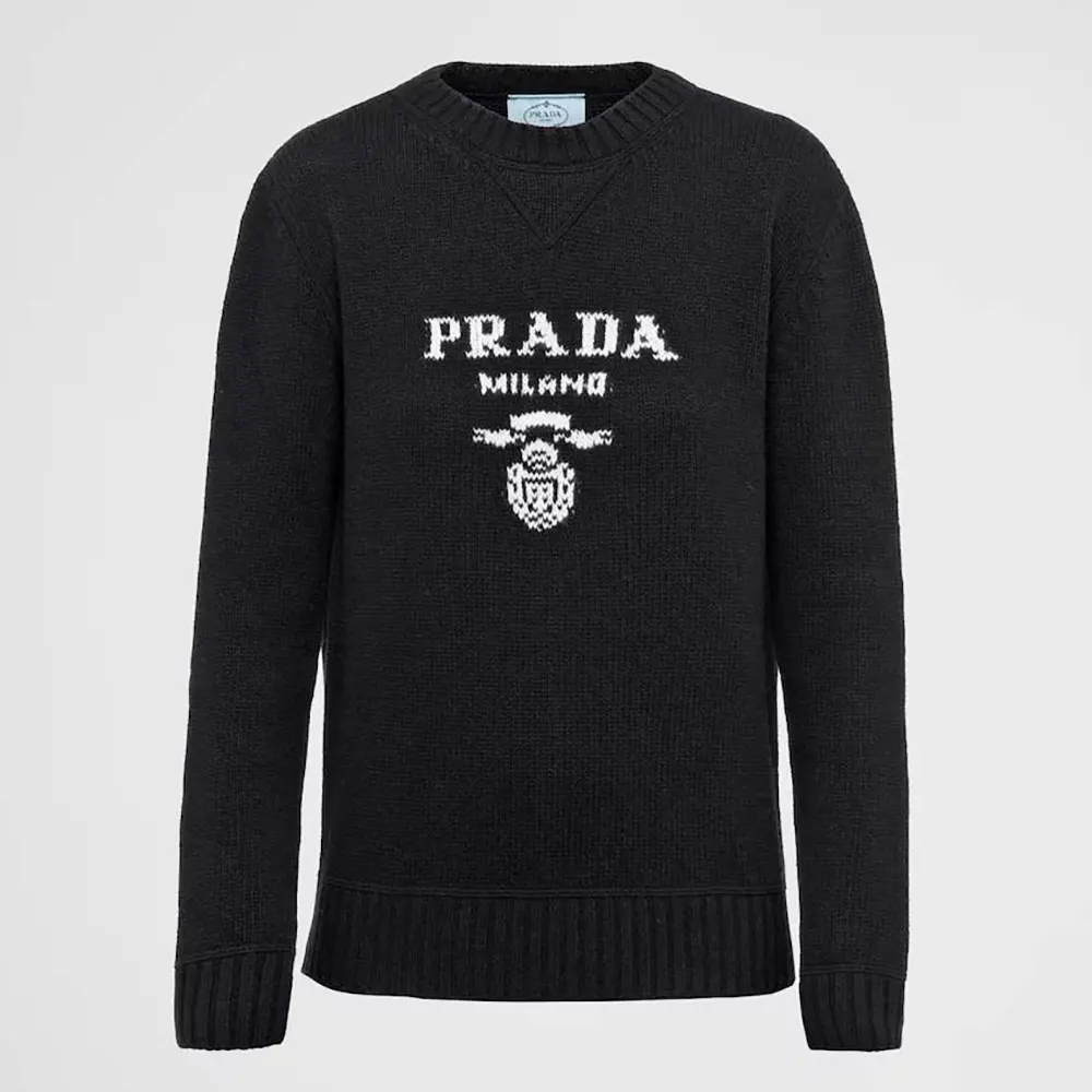 Front view of Prada Men Cashmere and Wool Prada Logo Crew-neck Sweater-Black
