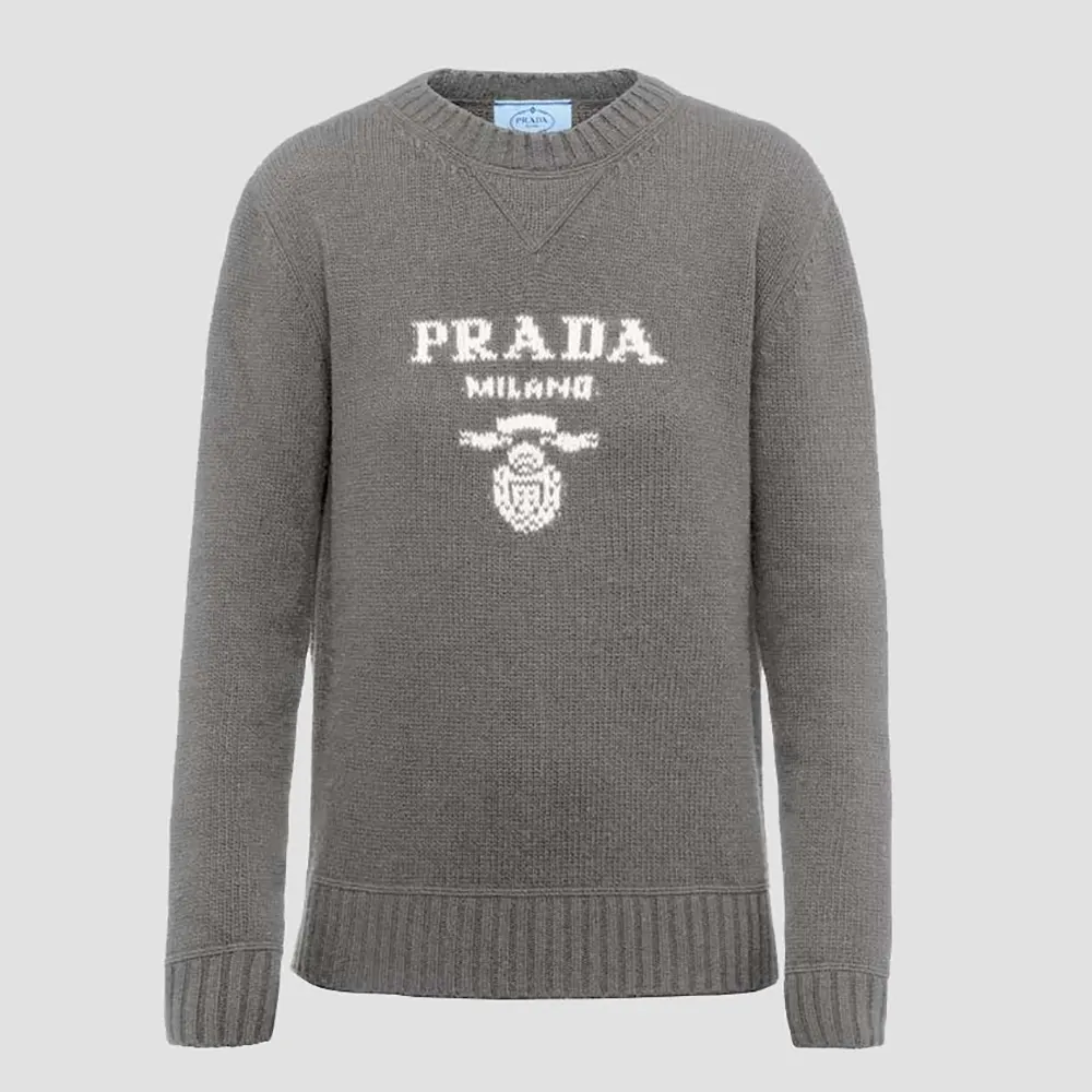 Front view of Prada Men Cashmere and Wool Prada Logo Crew-neck Sweater-Silver