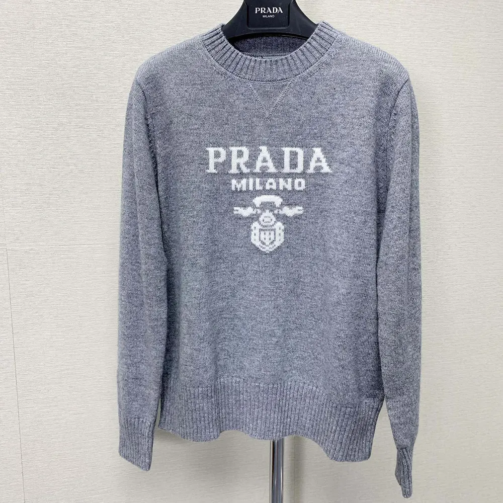 Prada Men Cashmere and Wool Prada Logo Crew-neck Sweater-Silver - image 4