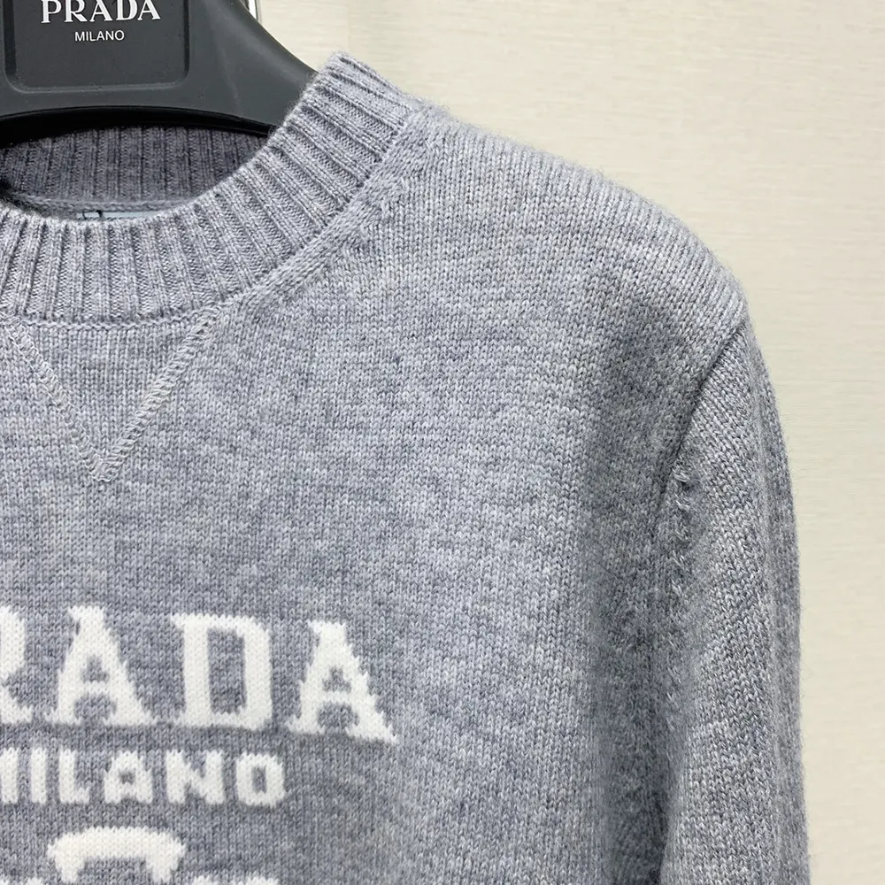 Prada Men Cashmere and Wool Prada Logo Crew-neck Sweater-Silver - image 6