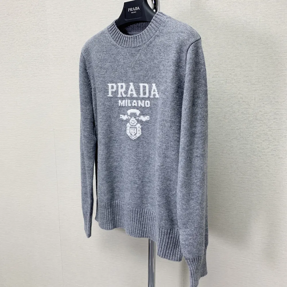 Prada Men Cashmere and Wool Prada Logo Crew-neck Sweater-Silver - image 5