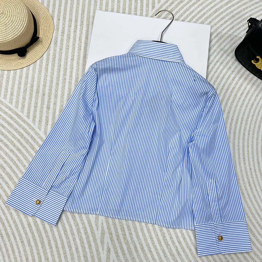 Side angle showing relaxed fit of Prada Women Embroidered Striped Shirt