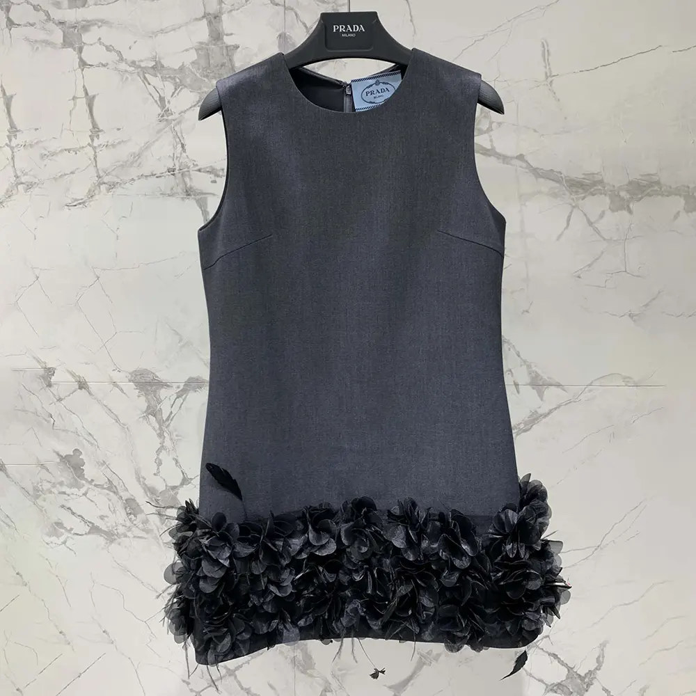 Close-up of embroidery detail on Prada Women Embroidered Wool Mini-dress