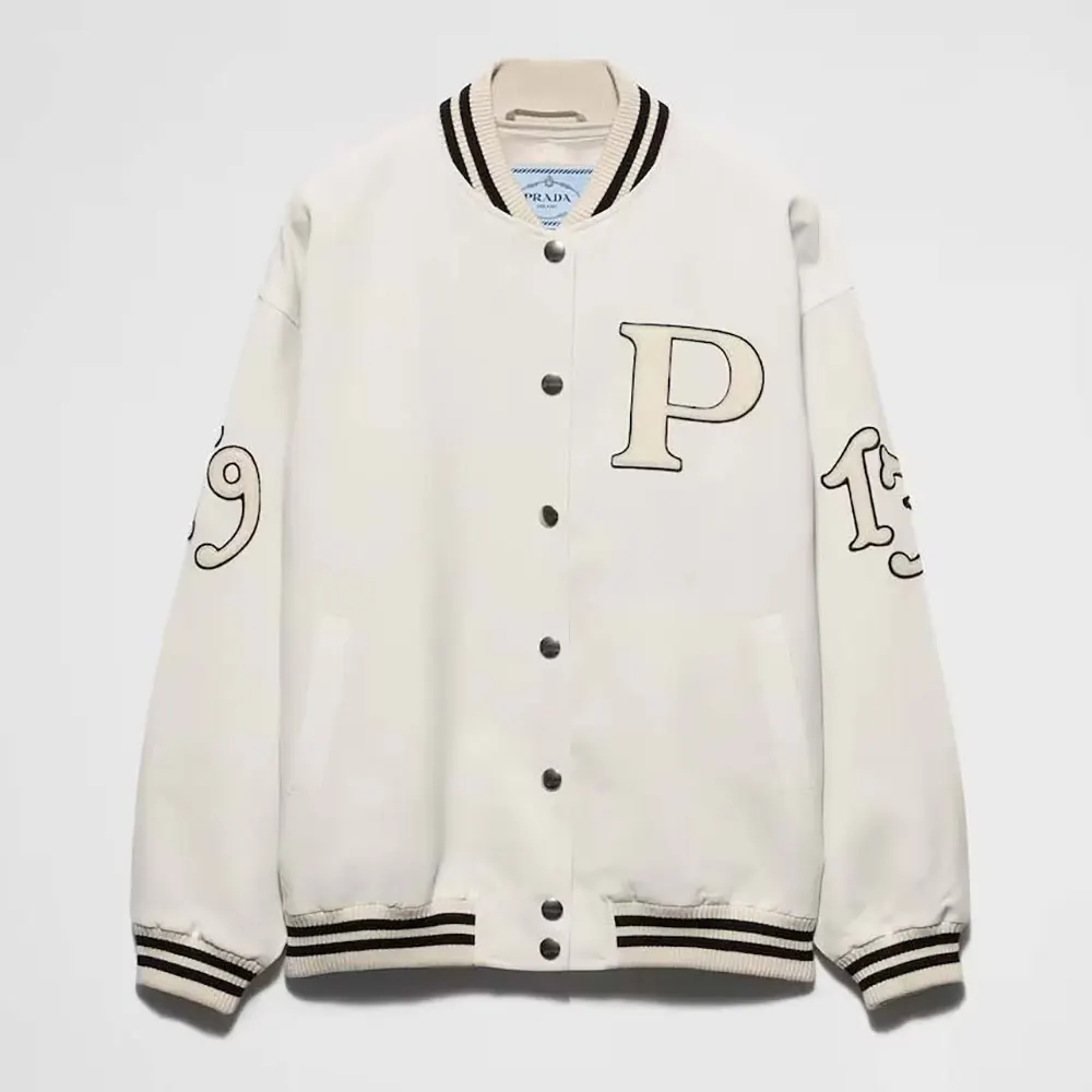 Front view of Prada Men Kid Mohair Bomber Jacket with Patches in white