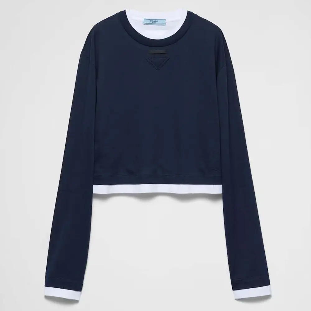 Front view of Prada Women Long-sleeved Jersey T-shirt in navy