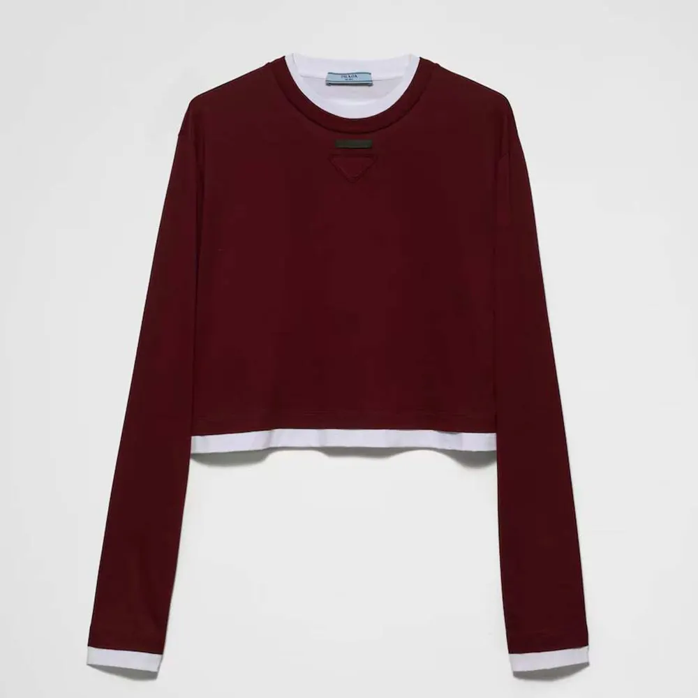 Front view of Prada Women Long-sleeved Jersey T-shirt in maroon