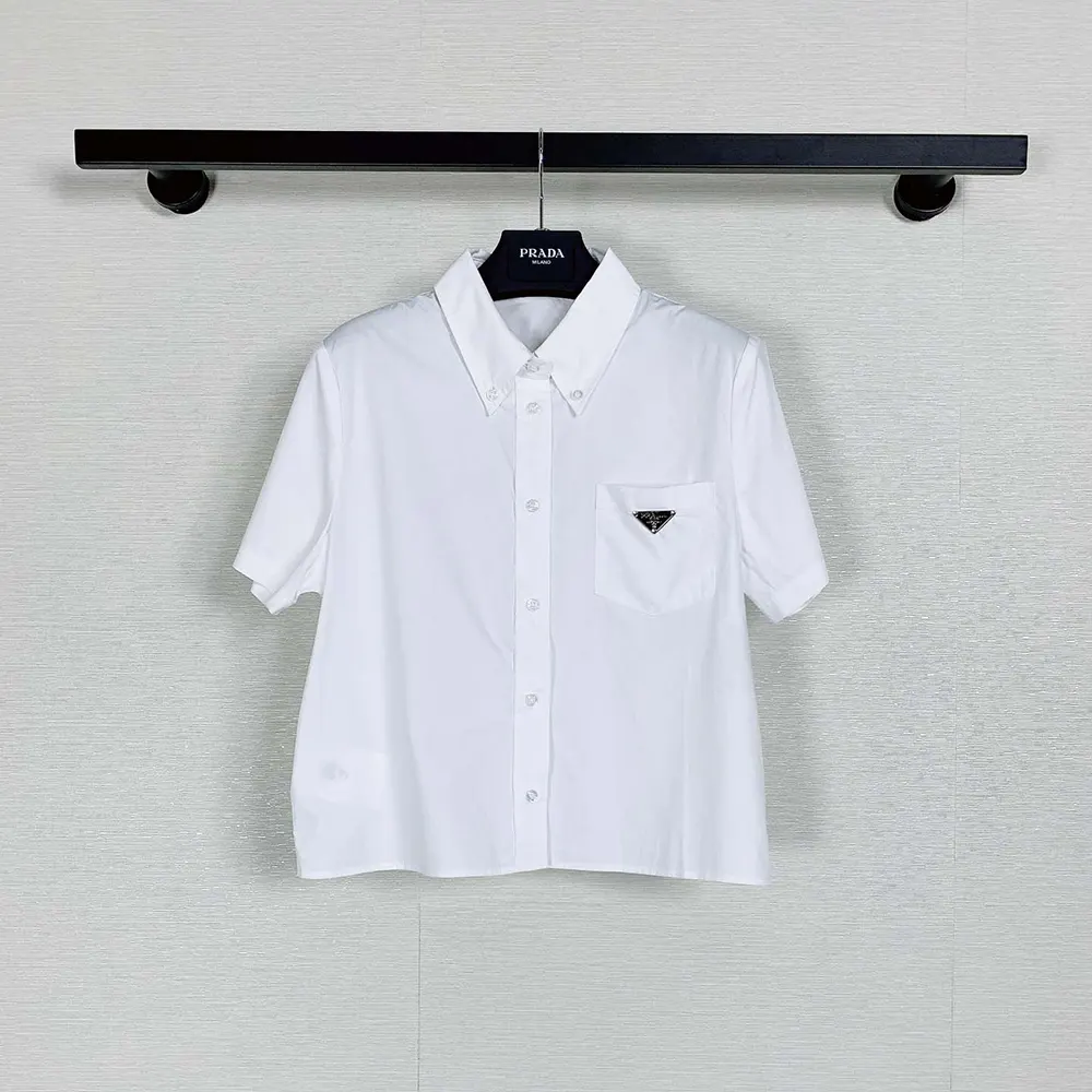 Close-up detail of Prada logo on collar of Women Poplin Shirt-White