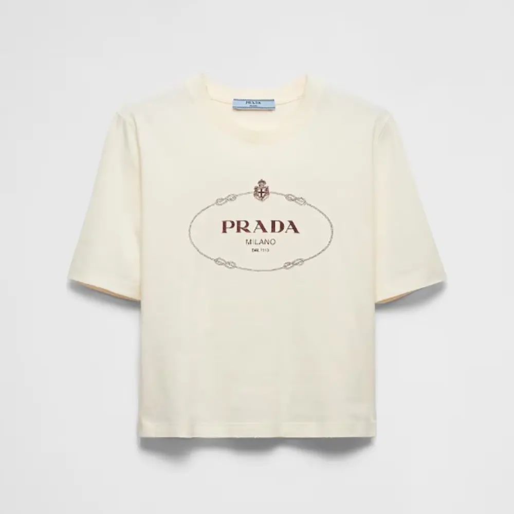 Front view of Prada Women Printed Jersey T-shirt in Ivory beige