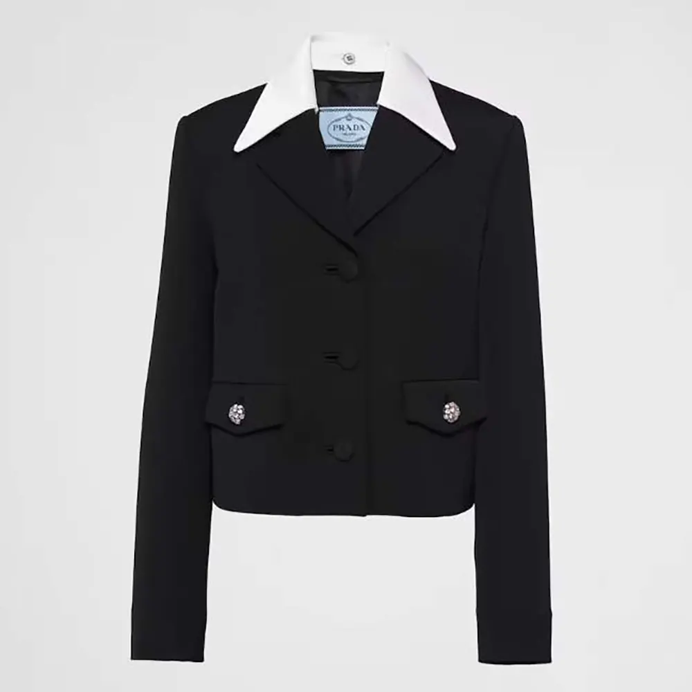 Front view of Prada Women Single-breasted Wool and Satin Jacket in black
