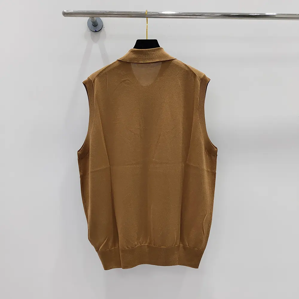 Side profile showing sleeveless cut of Prada Women Silk Polo Shirt