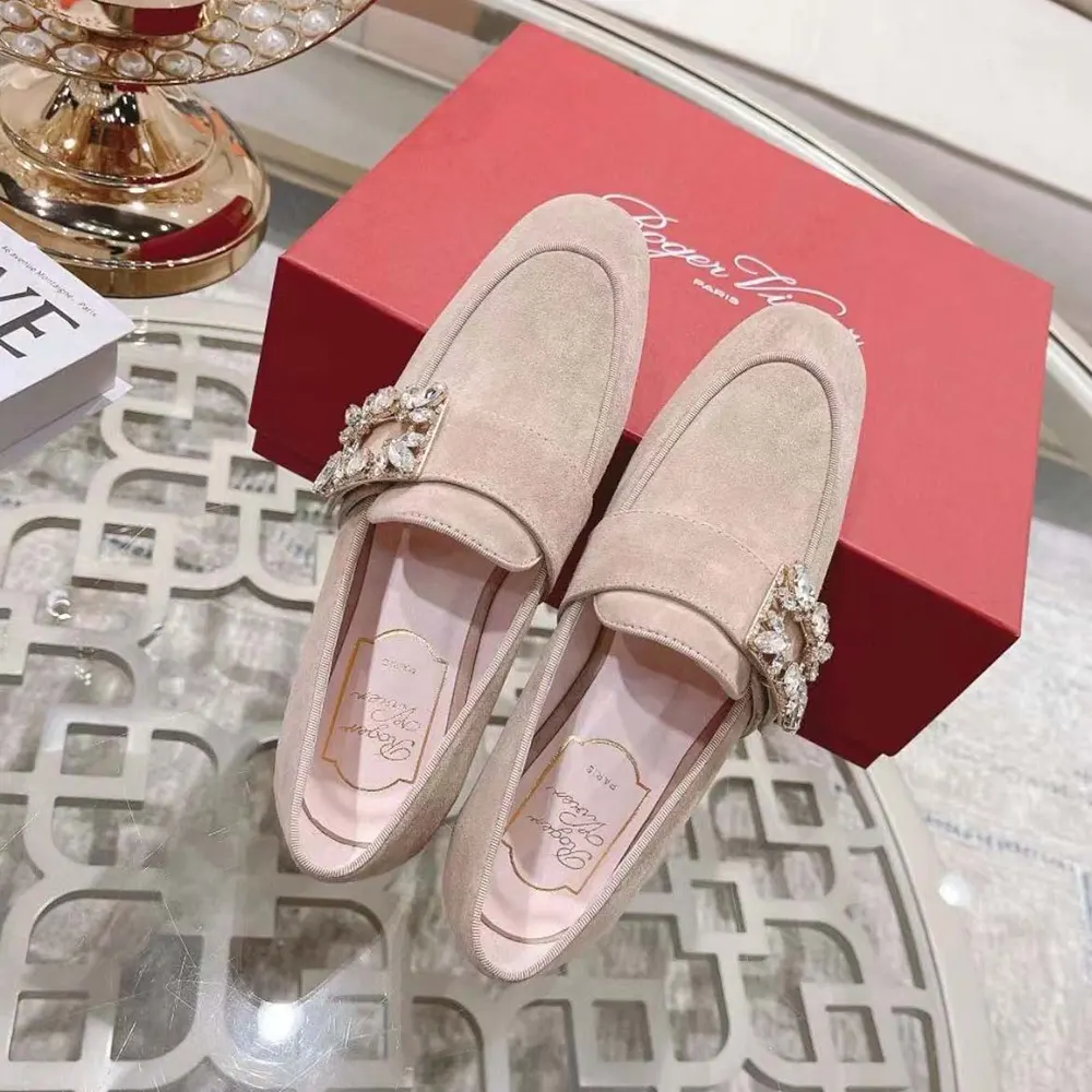 Top view of sandy leather Roger Vivier Mini Broche Vivier Strass Buckle Babies Ballerinas