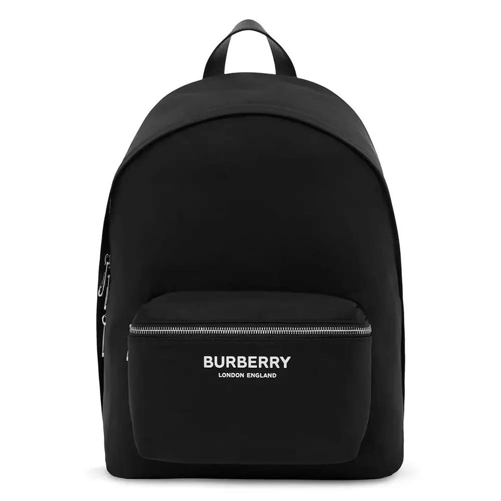 Front view of Burberry Men Logo Print ECONYL Backpack-Black with logo print