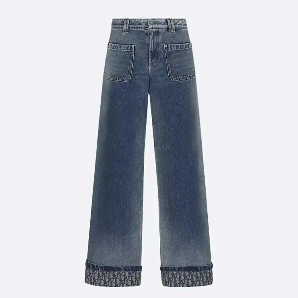 Front view of Dior Women Flared Jeans Blue Stonewashed Cotton Denim with Dior Oblique Interior