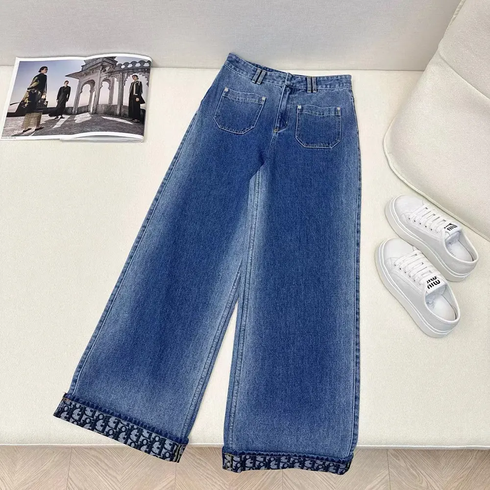 Close-up of stonewashed cotton fabric and flared leg on Dior Women Flared Jeans