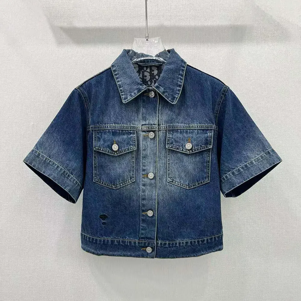 Front view of Dior Women Jacket Blue Stonewashed Cotton Denim with Dior Oblique Interior
