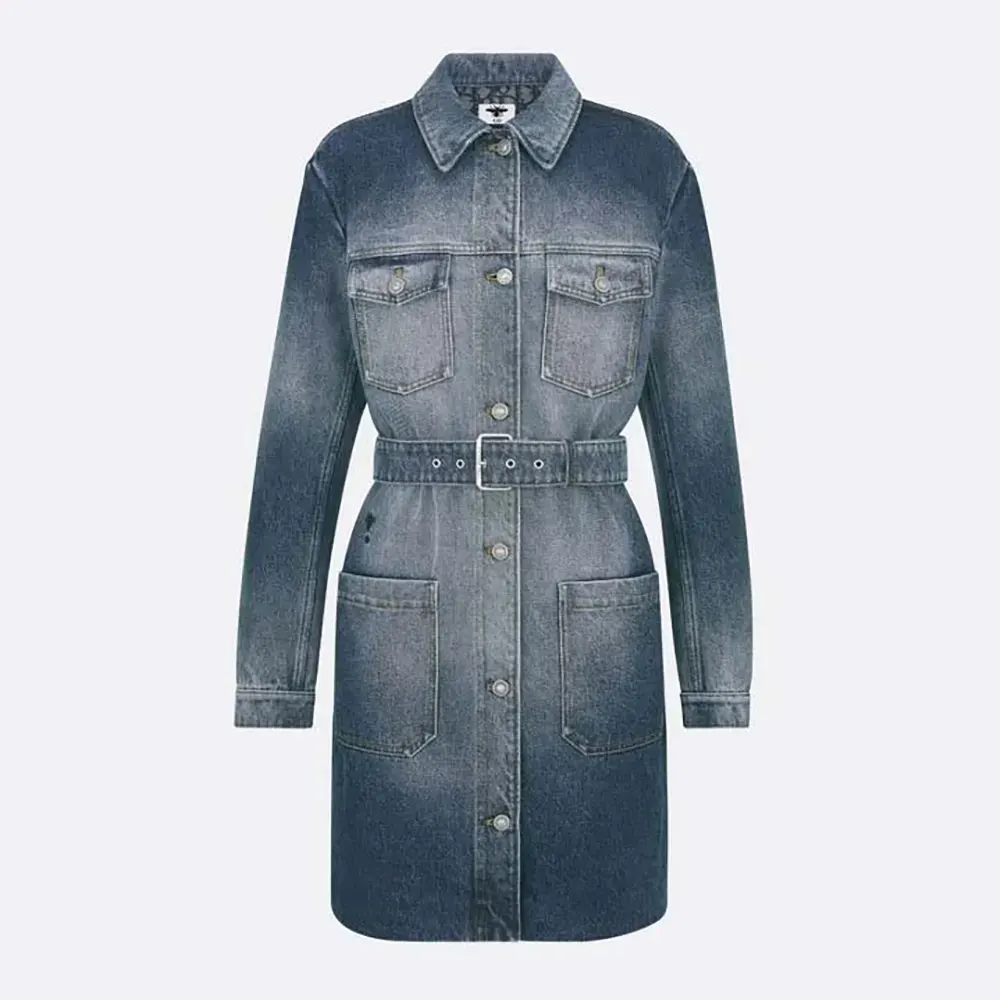 Front view of Dior Women Long Belted Jacket Blue Stonewashed Cotton Denim
