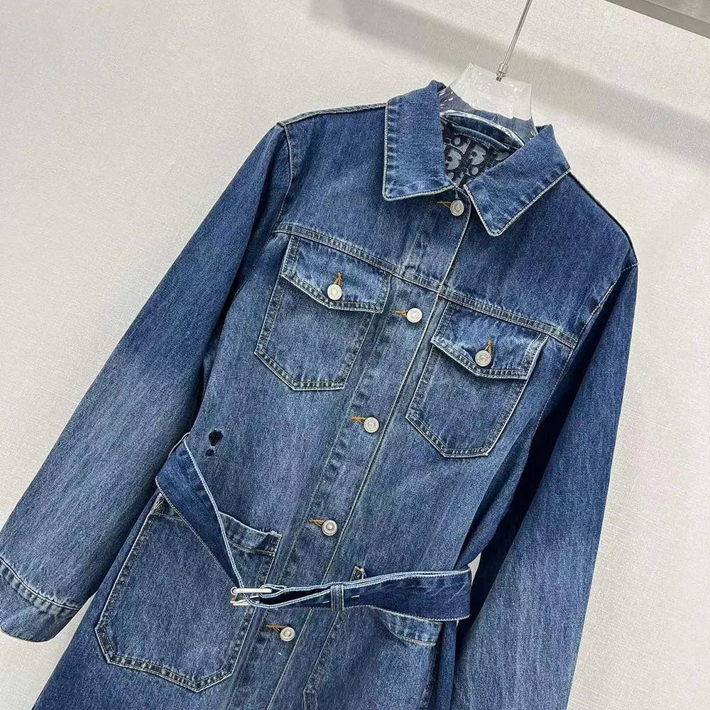 Dior Women Long Belted Jacket Blue Stonewashed Cotton Denim with Dior Oblique Interior - image 4