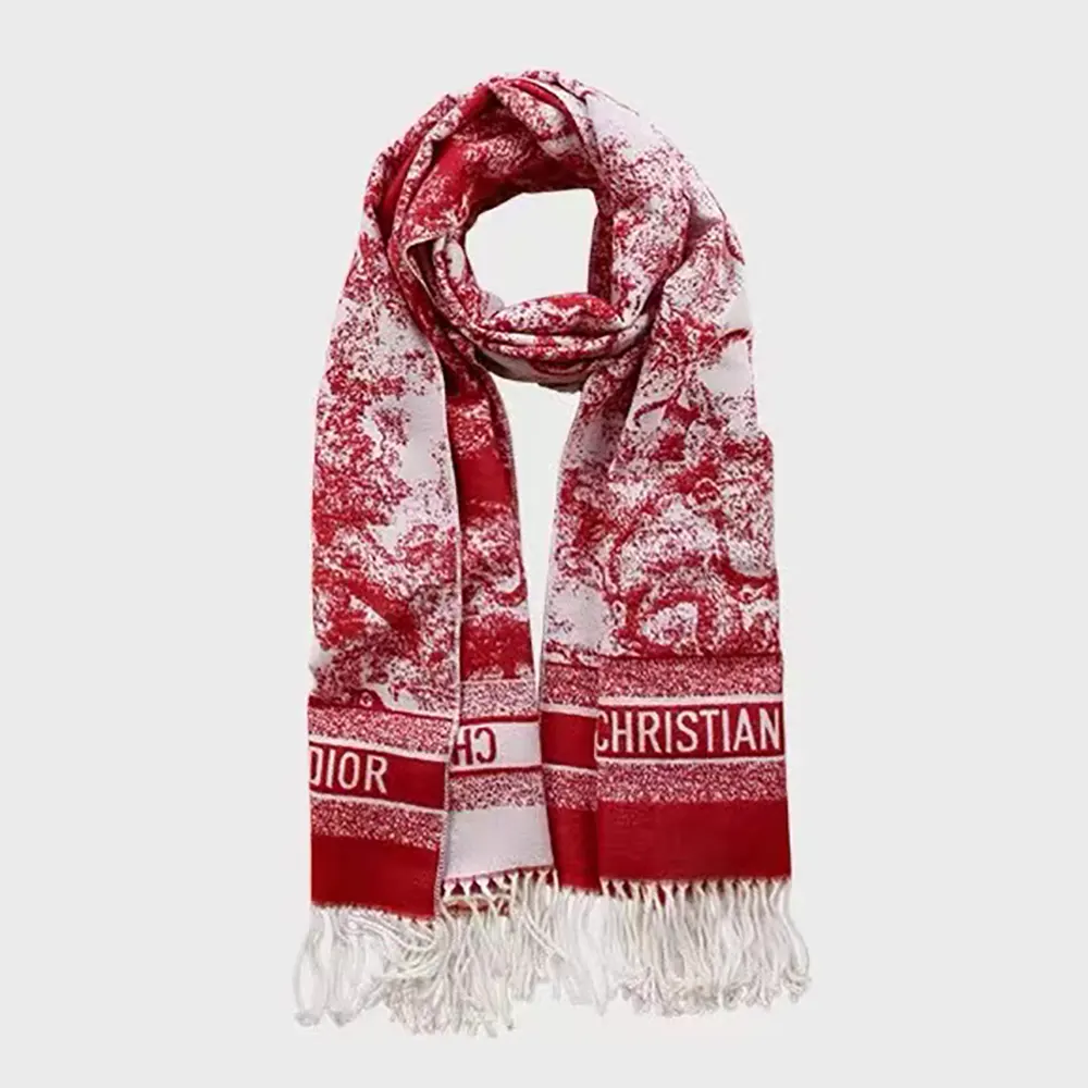 Front view of Dior Women Toile de Jouy Sauvage Scarf Red Cashmere and Wool