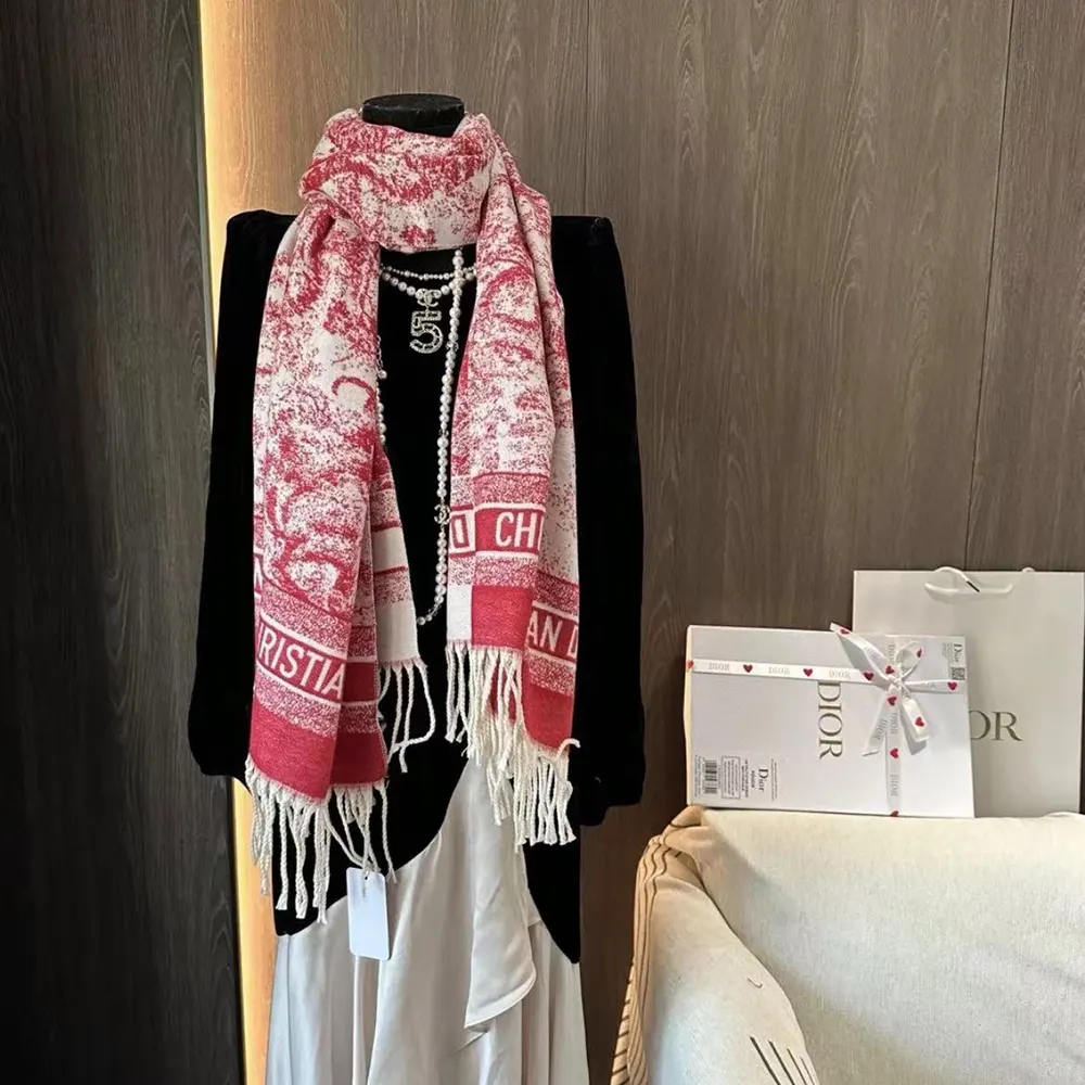 Draped styling of Dior Women Toile de Jouy Sauvage Scarf over coat