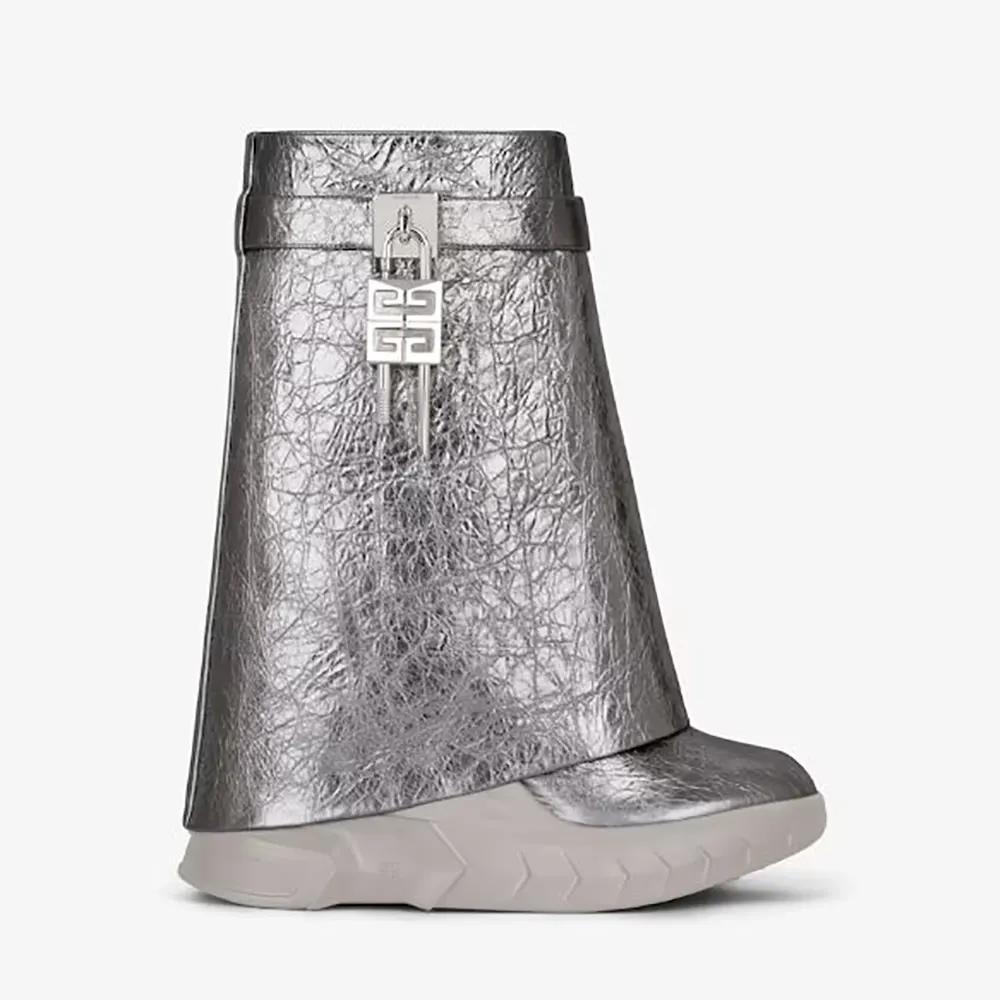 Side profile of Givenchy Women Shark Lock Biker Ankle Boots in grey leather