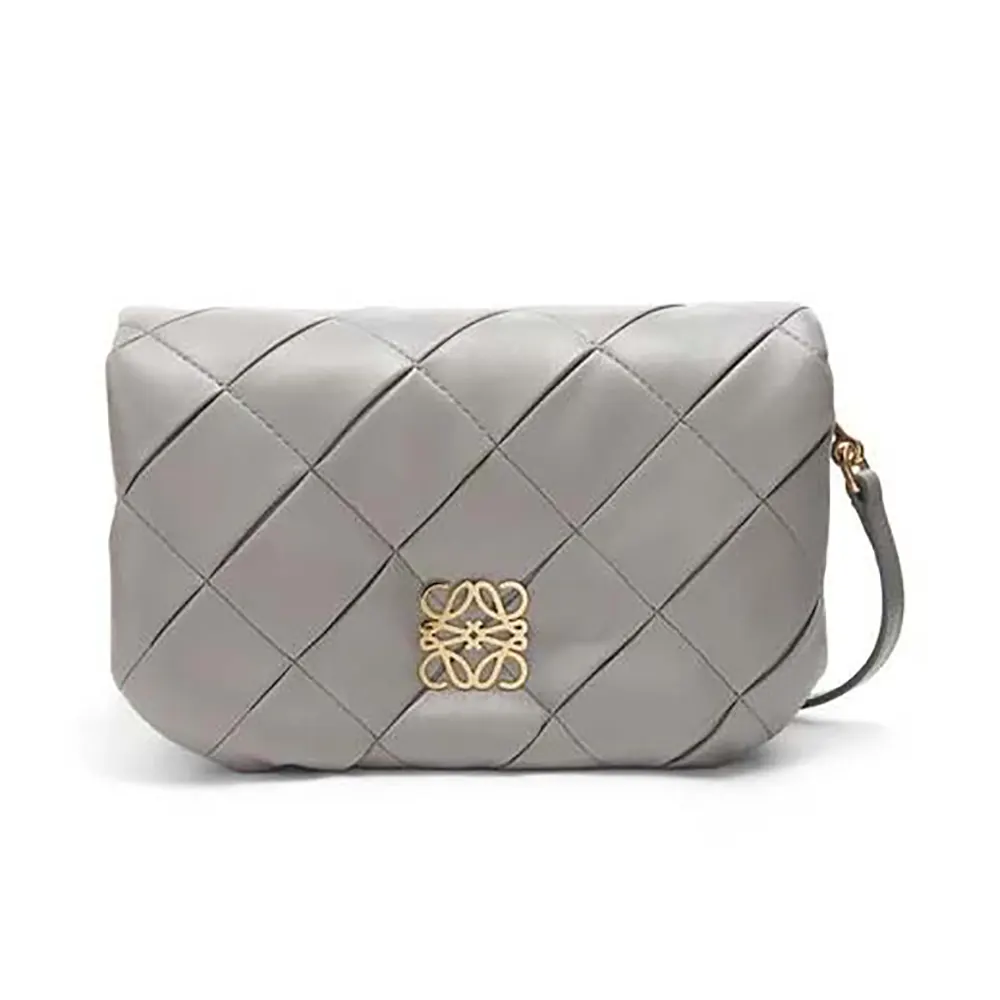 Front angle of Loewe Women Mini Puffer Goya in shiny gray lambskin
