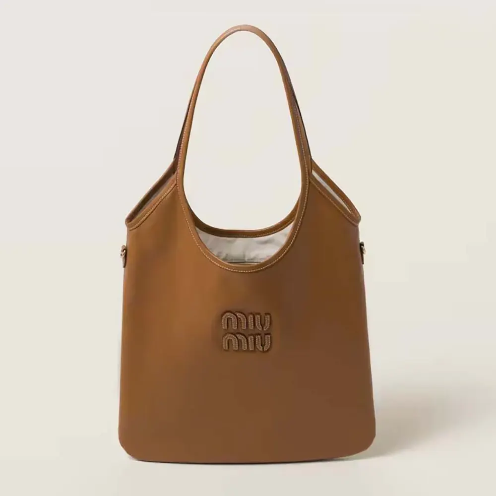 Front view of Miu Miu Women IVY Leather Bag-Brown with flap closed