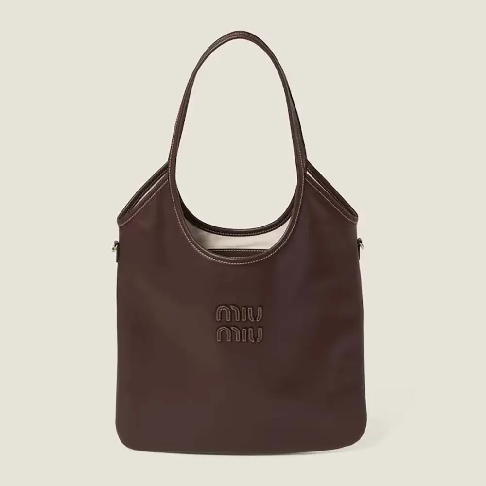 Front angle of Miu Miu Women IVY Leather Bag-Chocolate showing flap closure
