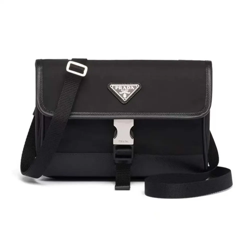Front view of Prada Unisex Re-Nylon and Saffiano Shoulder Bag-Black