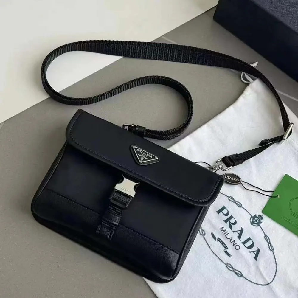 Side angle showing adjustable strap on Prada Unisex Re-Nylon Shoulder Bag