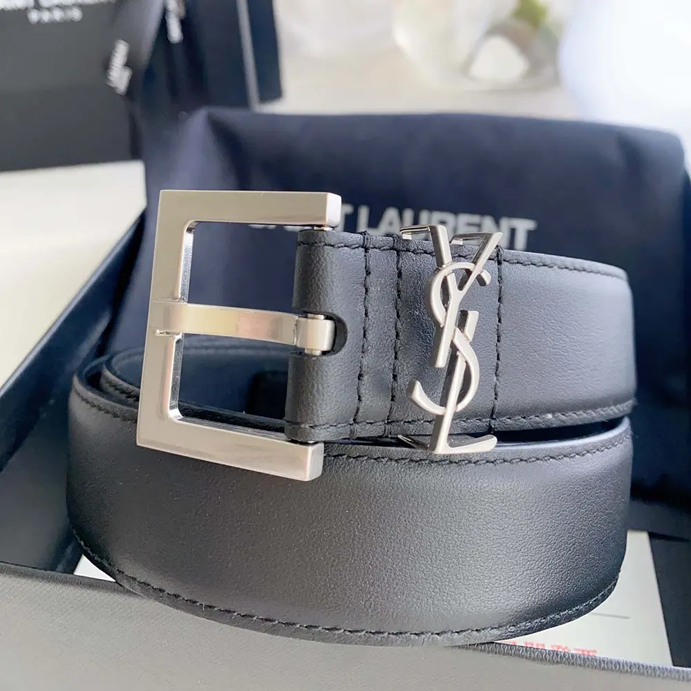 Side angle showing thin silhouette of Saint Laurent YSL Women Cassandre belt