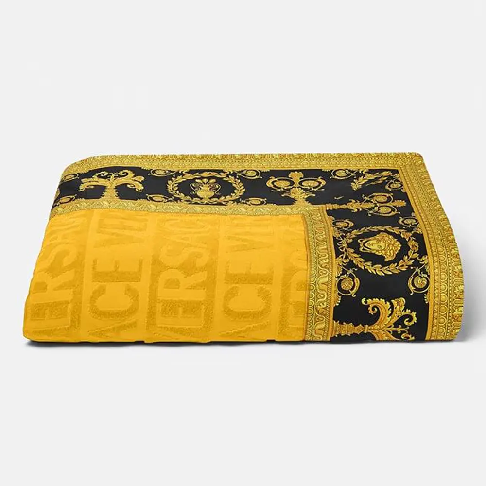 Front view of Versace I Love Baroque Beach Towel in black cotton