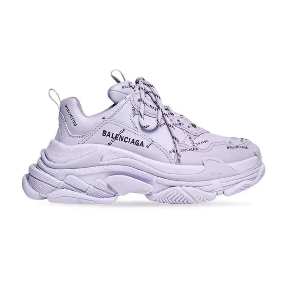 Side profile of Balenciaga Women Triple S Sneaker Allover Logo purple and black