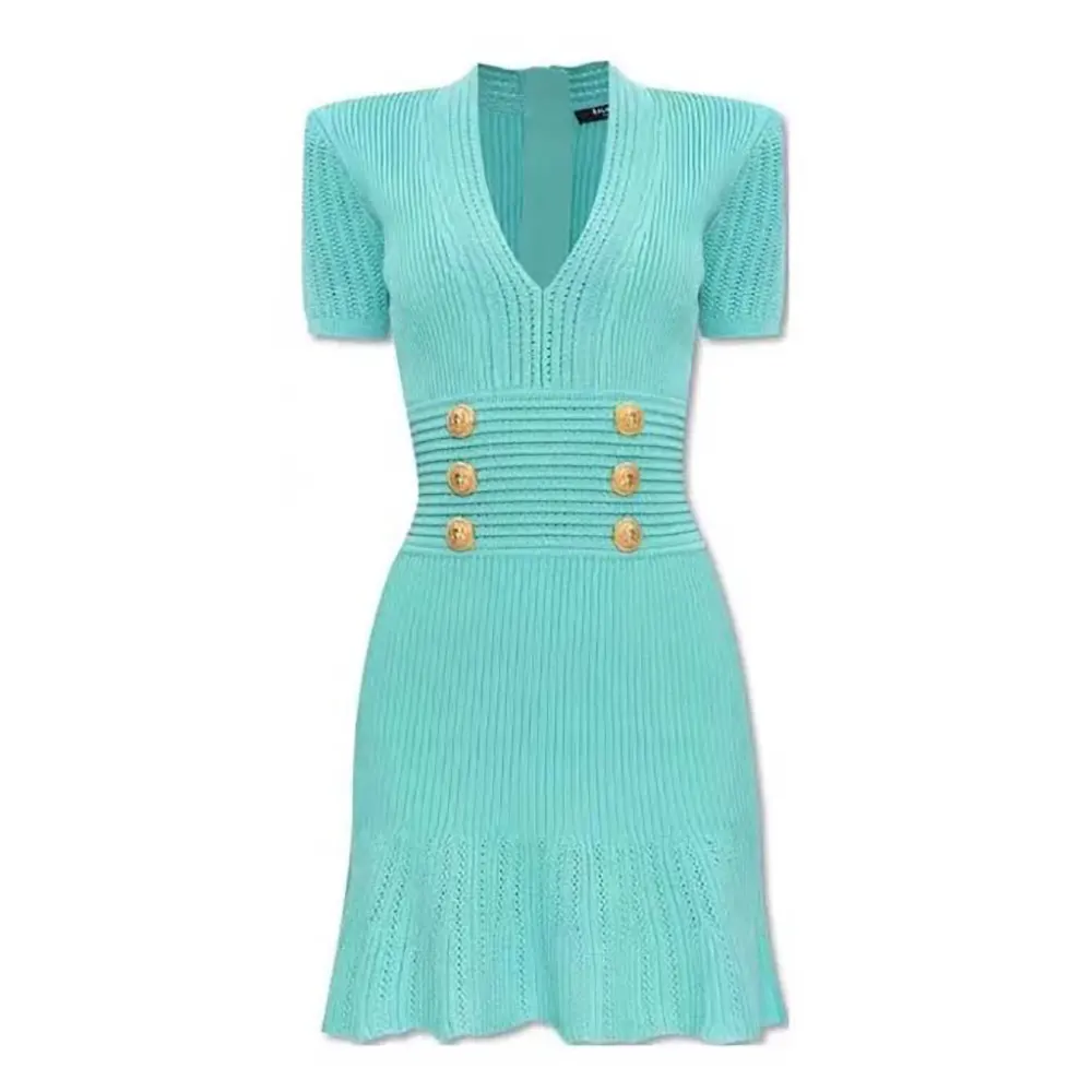 Front view of Balmain Women Flared Knit Dress-Light Blue