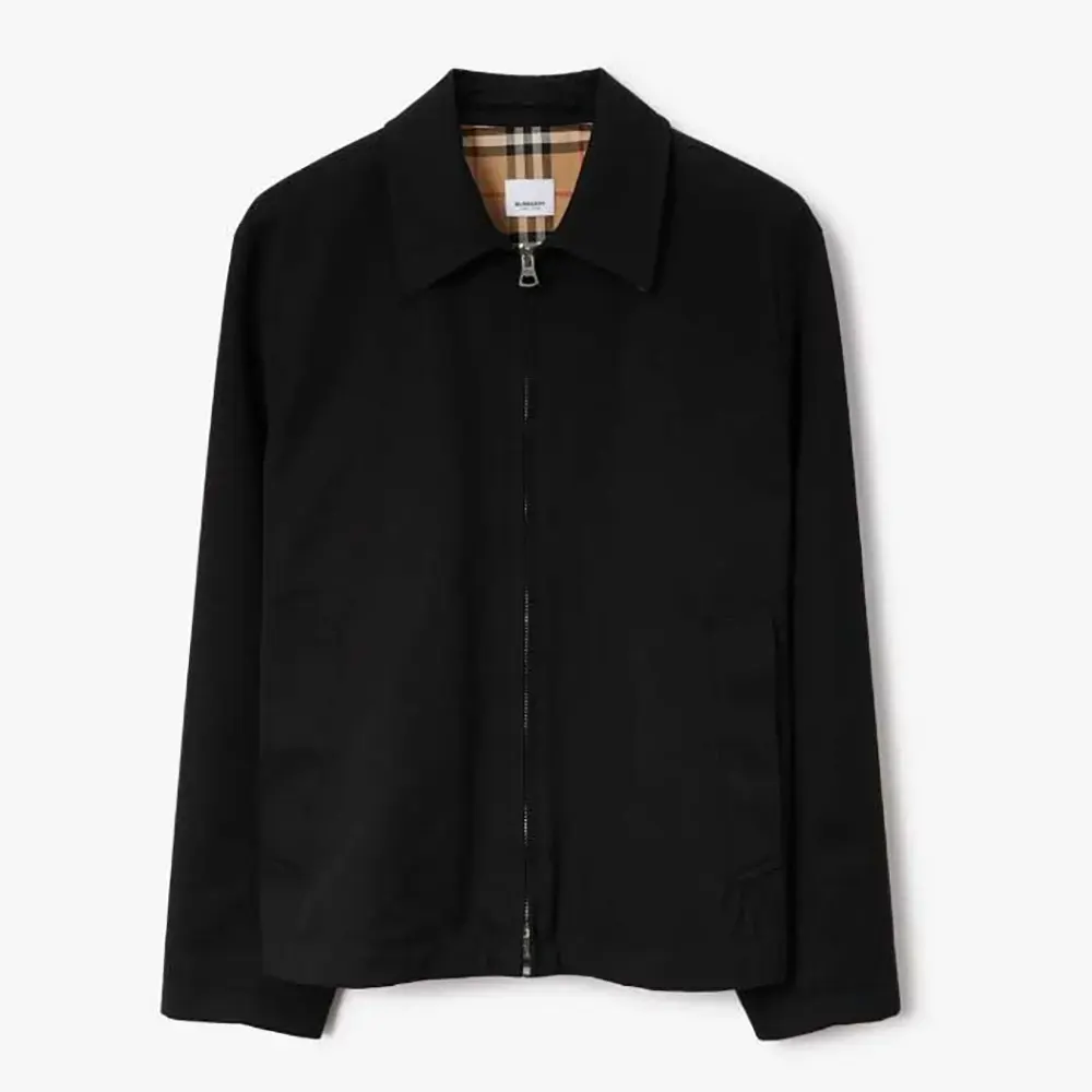 Front view of Burberry Men Gabardine Harrington Jacket-Black on mannequin