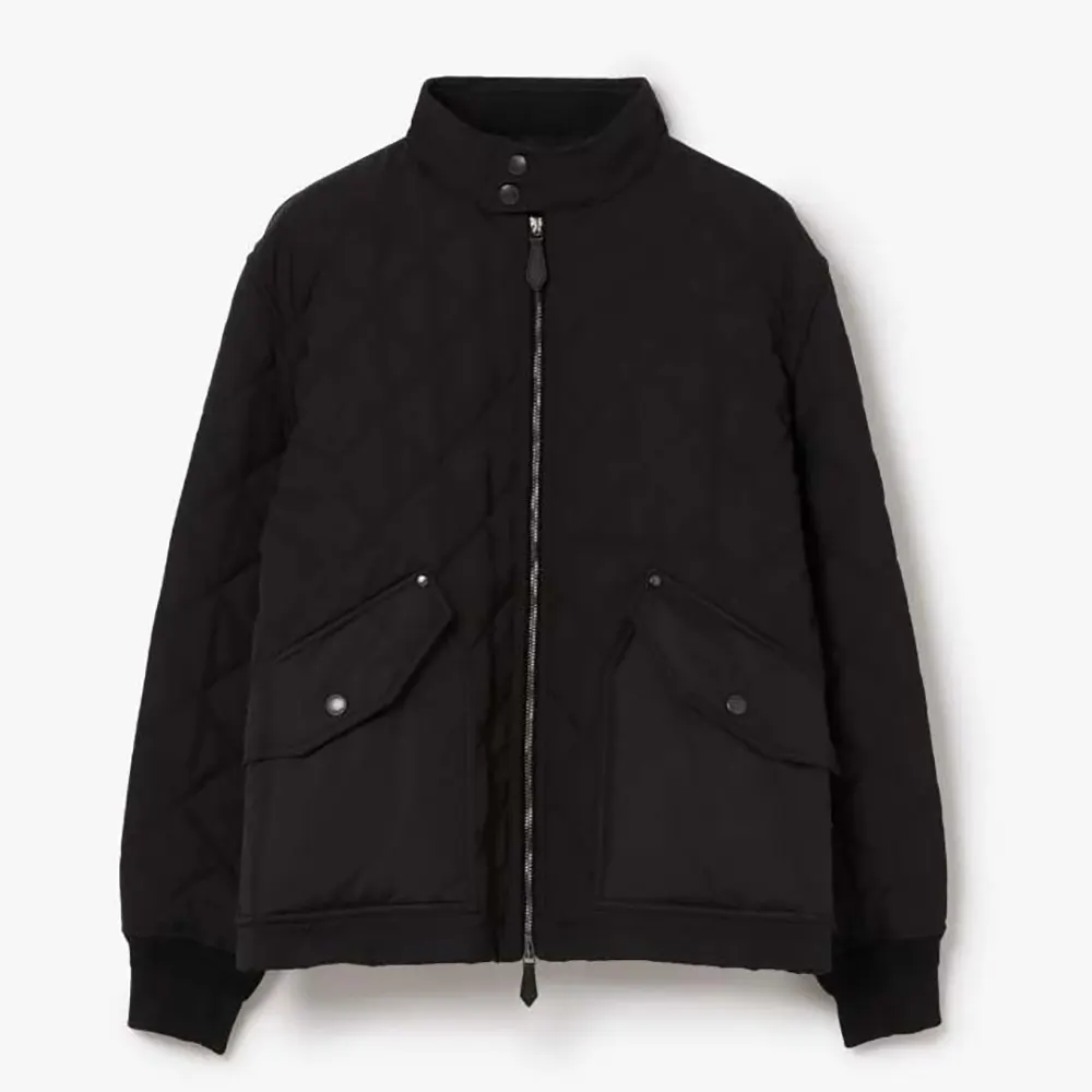 Front view of Burberry Men Quilted Thermoregulated Harrington Jacket in black