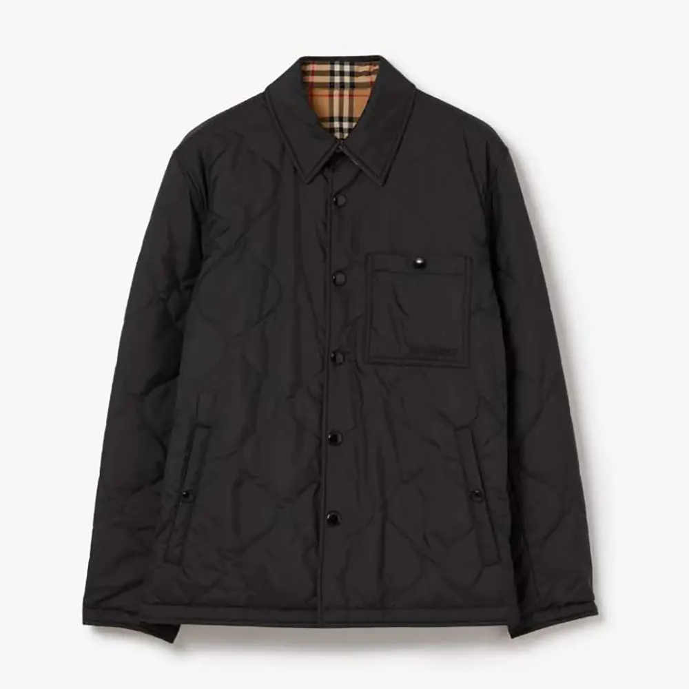 Front view of Burberry Men Reversible Thermoregulated Overshirt in black