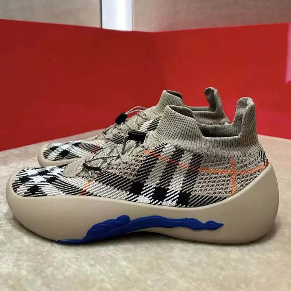 Top view of Burberry Unisex Check Knit Neptune Sneakers-Sandy with lace-up closure