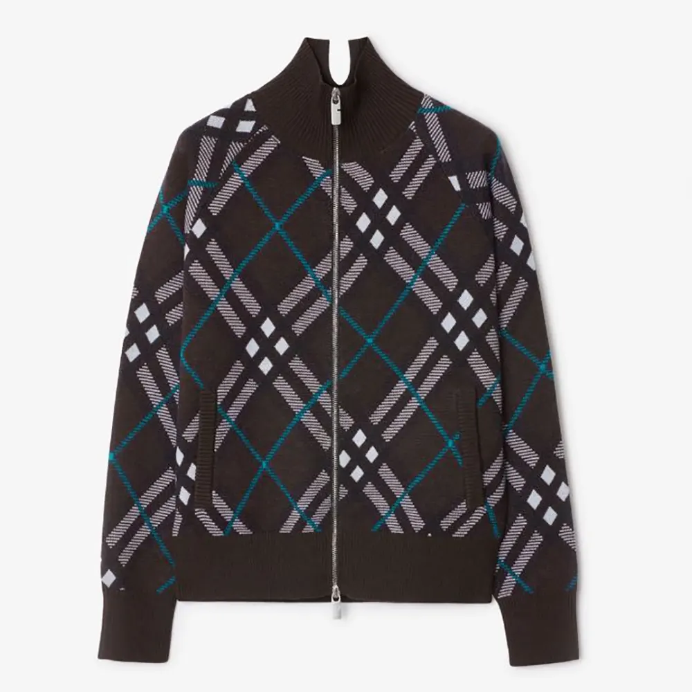 Front view of Burberry Women Check Wool Blend Track Jacket-Black