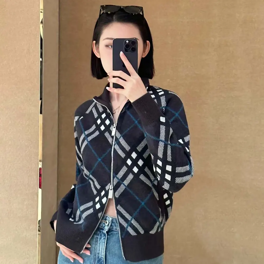 Side angle showing silhouette of Burberry Women Check Wool Blend Track Jacket-Black
